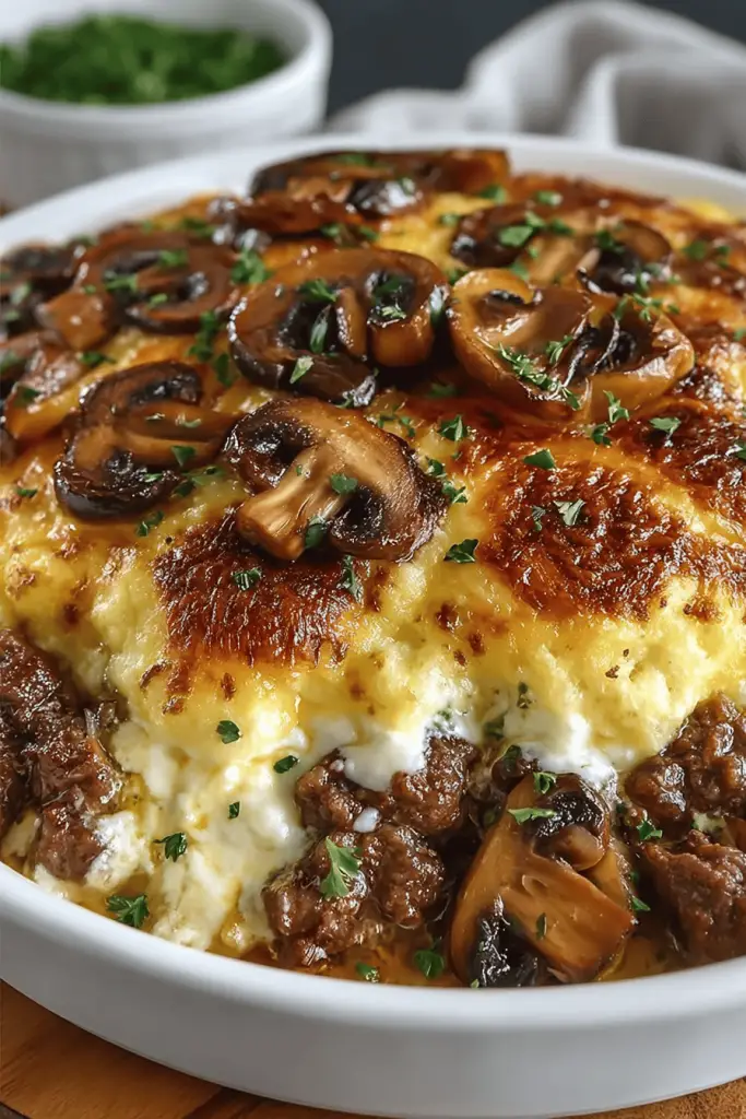 Cheesy Mushroom Hamburger Bake