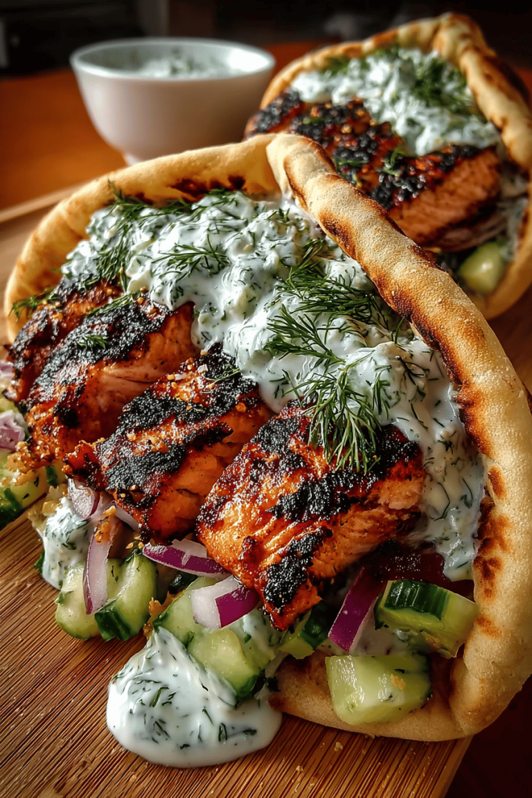 Grilled Salmon Gyros with Dill Sauce