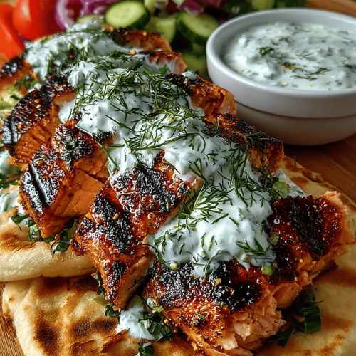 Grilled Salmon Gyros with Dill Sauce