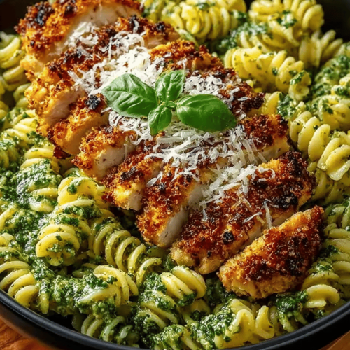 Crispy Parmesan Chicken Pesto Pasta