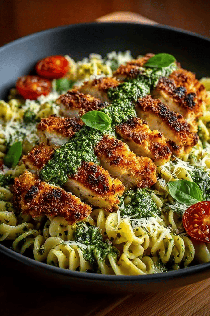 Crispy Parmesan Chicken Pesto Pasta