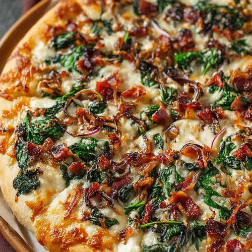 Delish Caramelized Onion Bacon Spinach Pizza