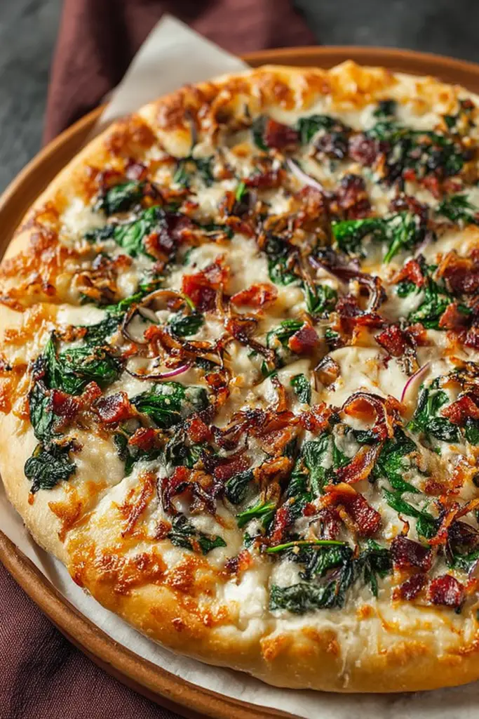 Delish Caramelized Onion Bacon Spinach Pizza