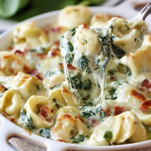 Delish Cheesy Tortellini Spinach Bake