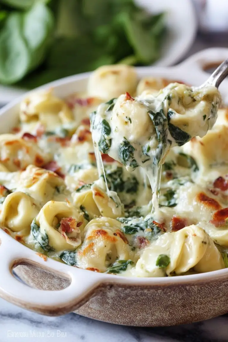 Delish Cheesy Tortellini Spinach Bake