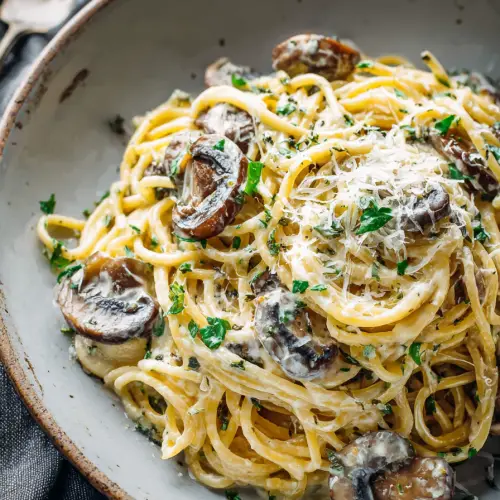 Delish Creamy Garlic Herb Mushroom Spaghetti