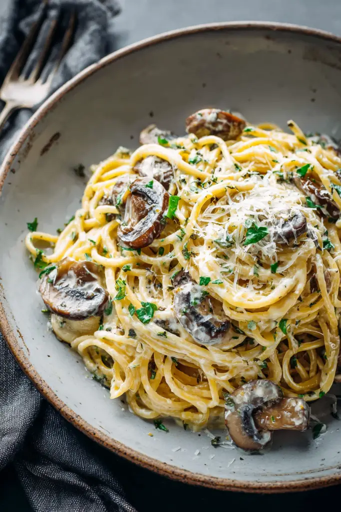 Delish Creamy Garlic Herb Mushroom Spaghetti