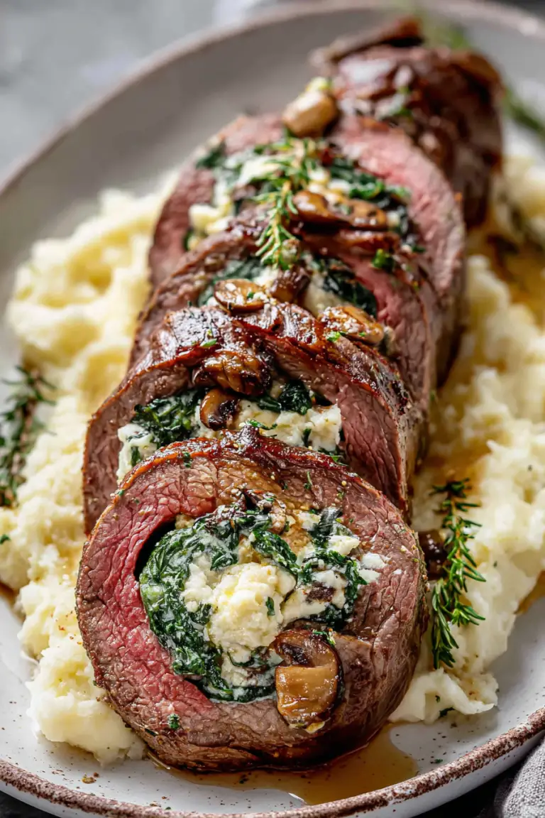 Delish Mushroom Spinach Stuffed Flank Steak