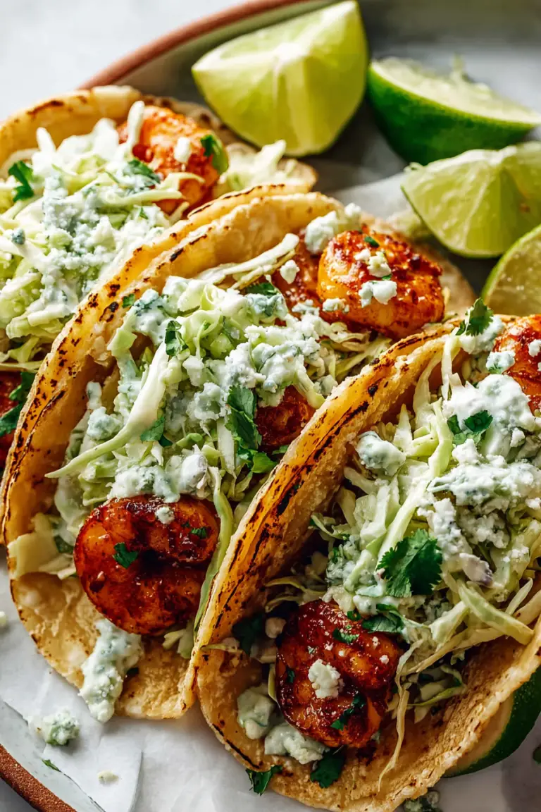 Delish Spicy Shrimp Tacos with Garlic Cilantro Lime Slaw