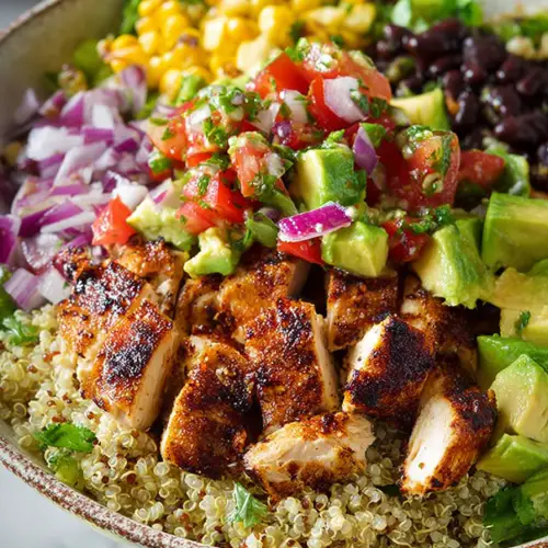 Easy Grilled Chicken Quinoa Burrito Bowls with Avocado Salsa