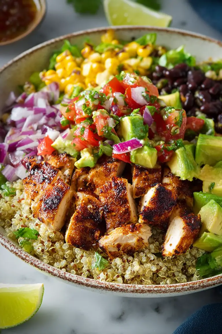 Easy Grilled Chicken Quinoa Burrito Bowls with Avocado Salsa
