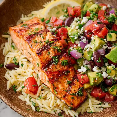 Easy Grilled Salmon with Avocado Greek Salsa Orzo