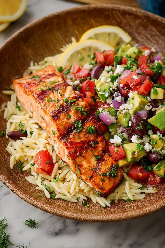 Easy Grilled Salmon with Avocado Greek Salsa Orzo