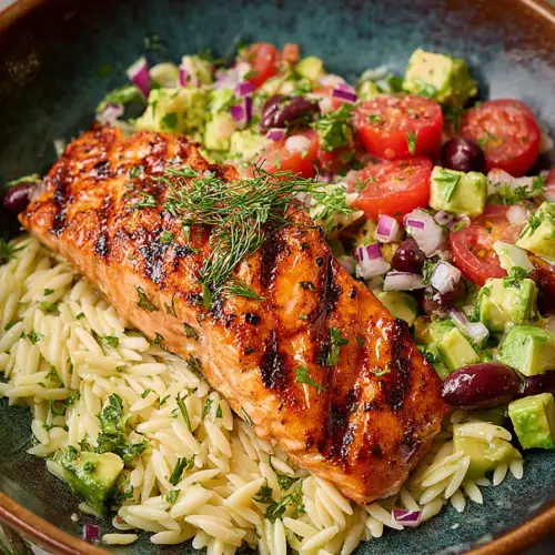 Easy Grilled Salmon with Avocado Greek Salsa Orzo