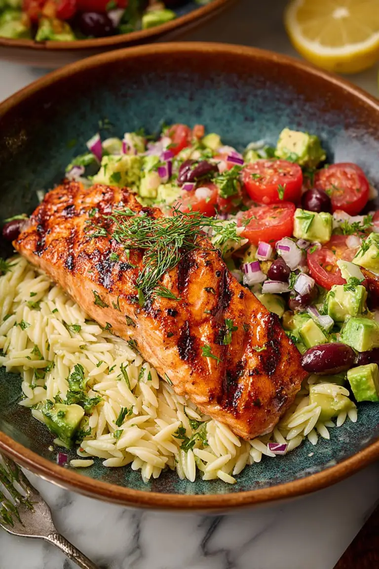 Easy Grilled Salmon with Avocado Greek Salsa Orzo