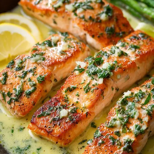 Easy Skillet Seared Salmon with Garlic Lemon Butter Sauce
