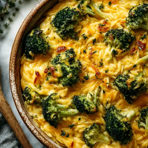 Creamy Broccoli Cheddar Orzo Bake