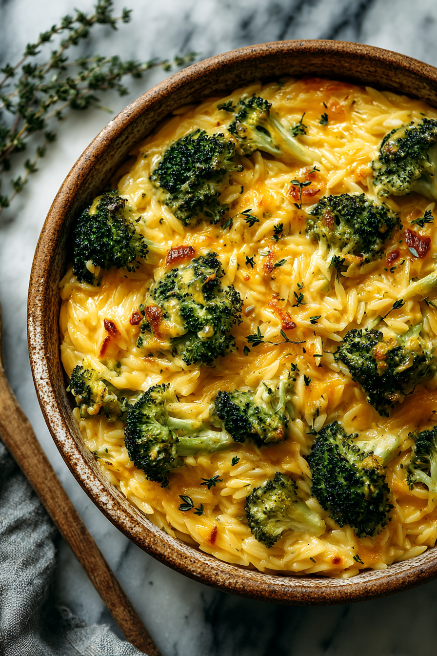 Creamy Broccoli Cheddar Orzo Bake