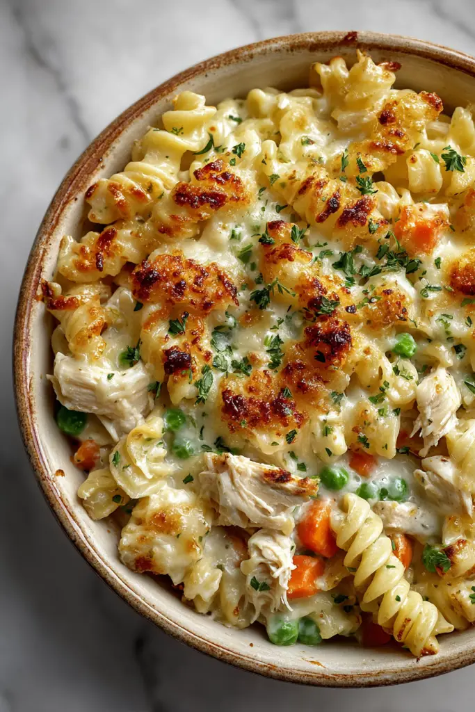 Creamy Chicken Pot Pie Pasta Bake