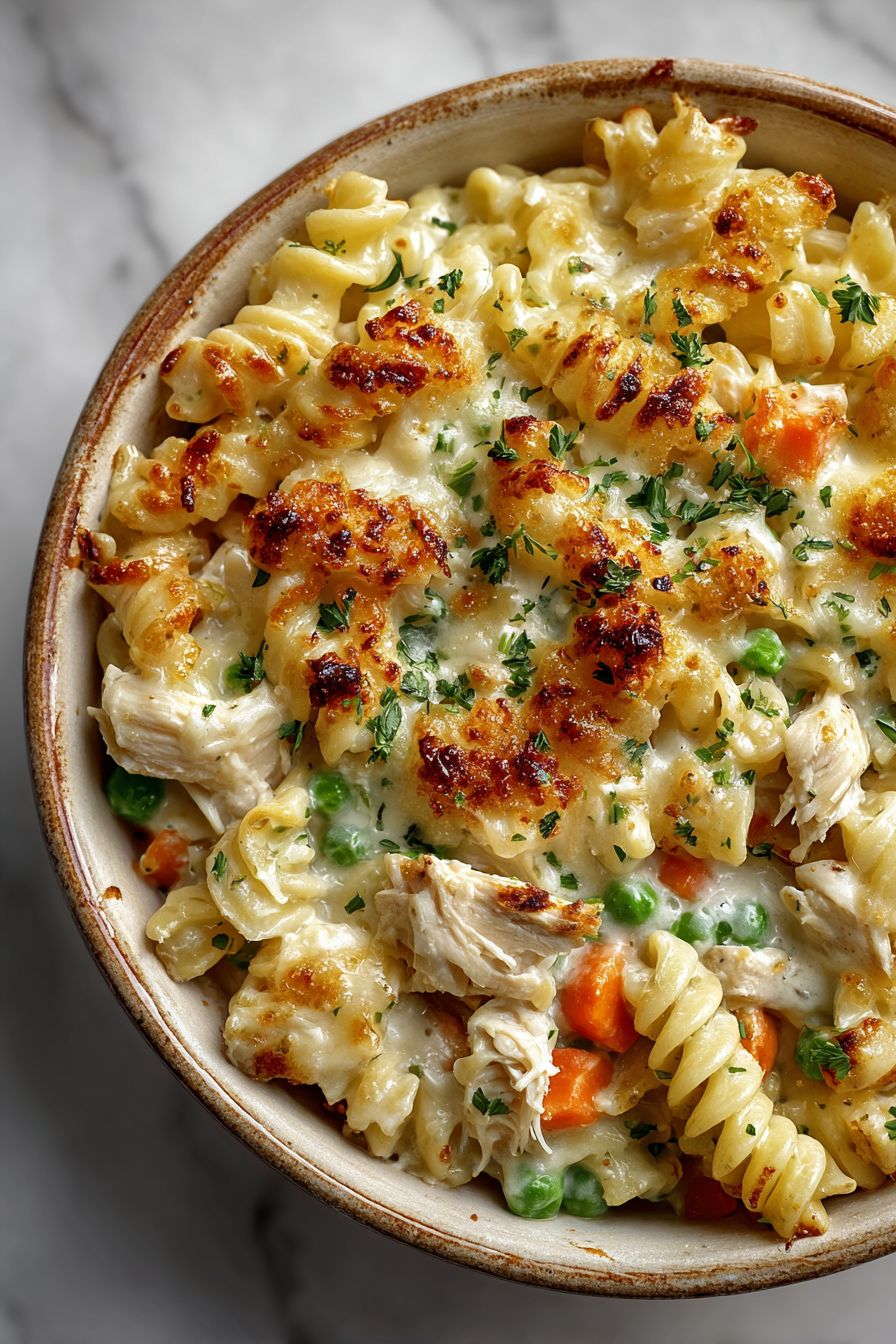 Creamy Chicken Pot Pie Pasta Bake