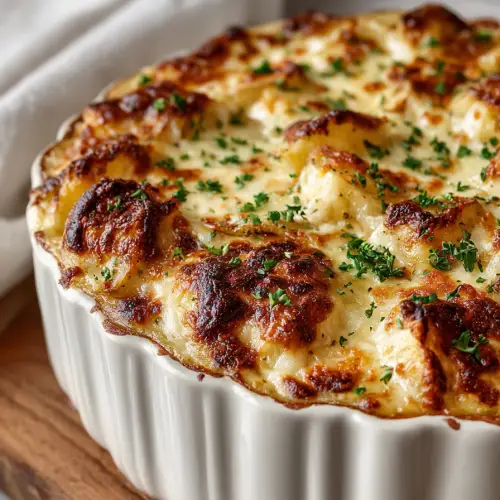 Creamy Garlic Cheesy Chicken Potato Bake