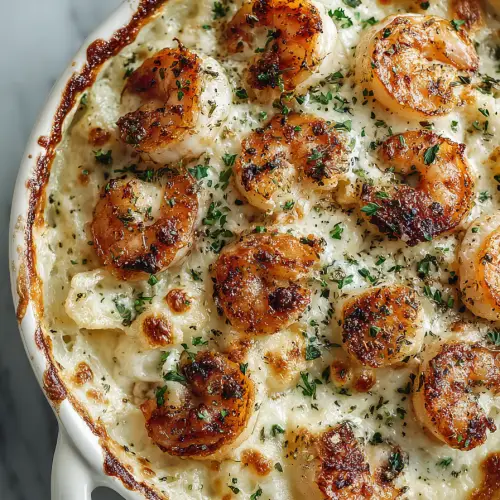 Creamy Garlic Shrimp Pasta Bake