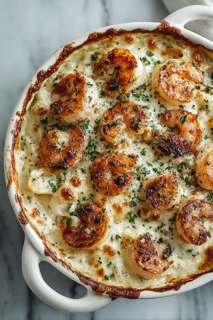 Creamy Garlic Shrimp Pasta Bake