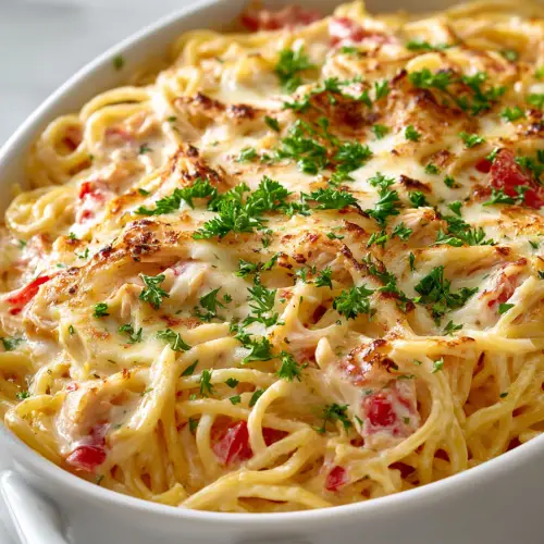 Creamy Rotel Chicken Spaghetti Bake
