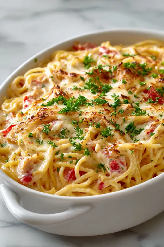 Creamy Rotel Chicken Spaghetti Bake