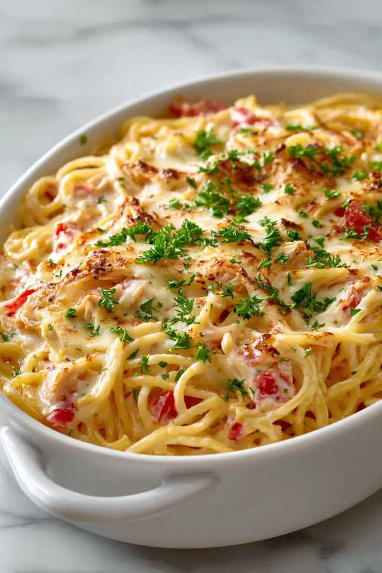 Creamy Rotel Chicken Spaghetti Bake