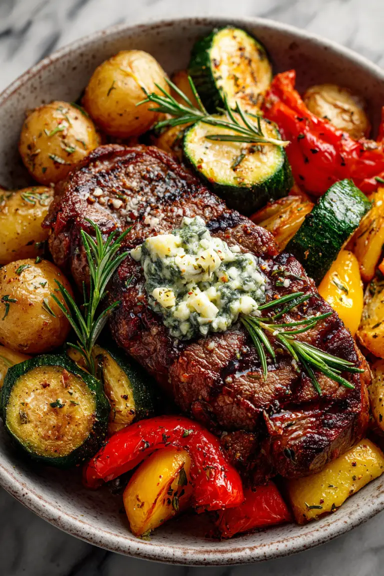 Garlic Butter Steak With Roasted Veggies