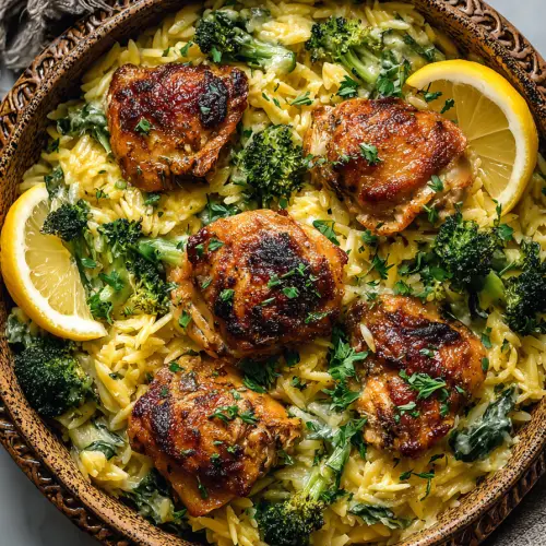 Skillet Chicken Thighs with Cheddar Orzo