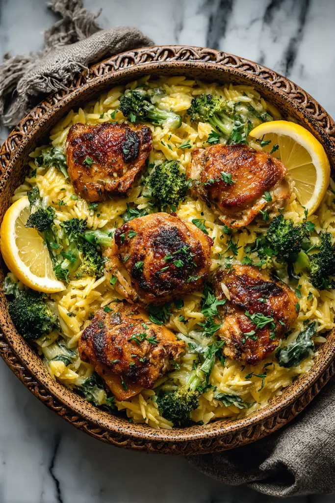 Skillet Chicken Thighs with Cheddar Orzo