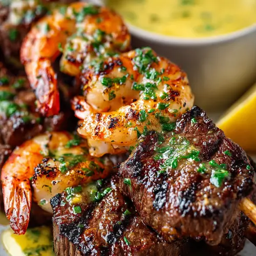 Steak and Shrimp Skewers with Garlic Butter Sauce
