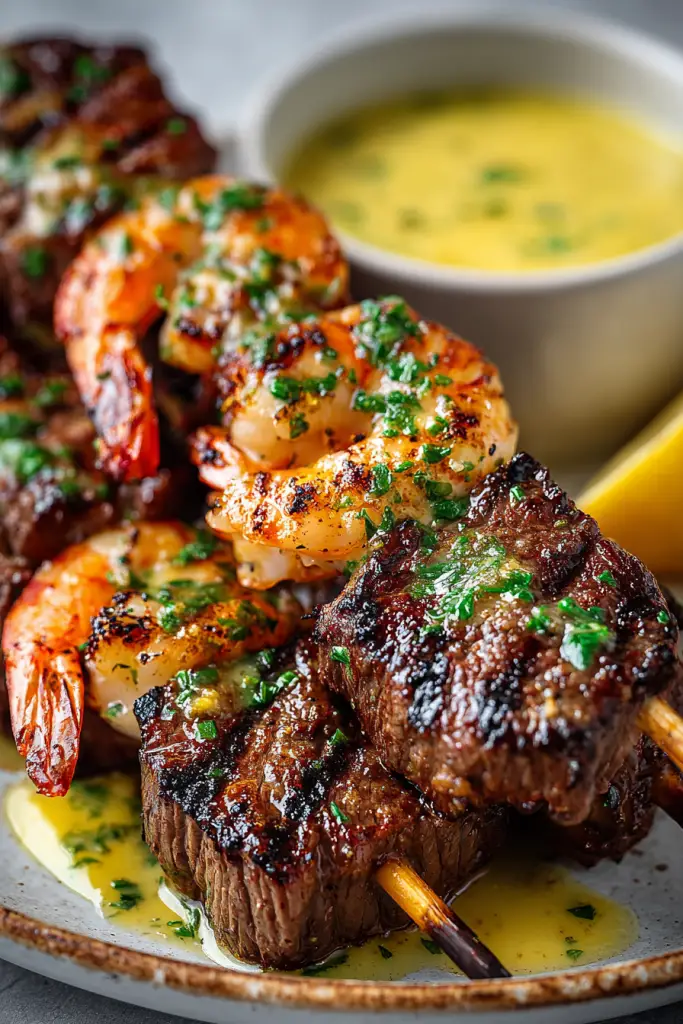 Steak and Shrimp Skewers with Garlic Butter Sauce