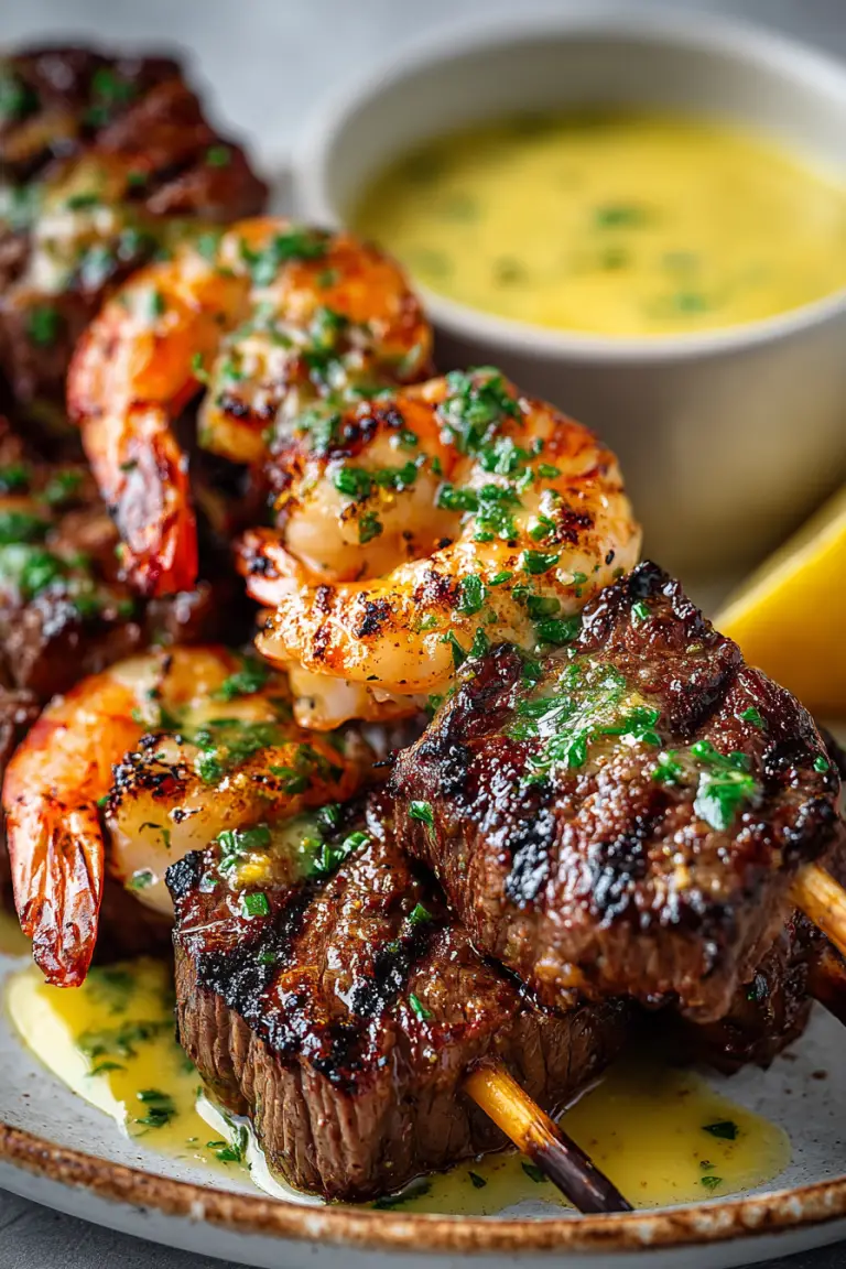 Steak and Shrimp Skewers with Garlic Butter Sauce